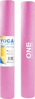 Two rolled-up pink yoga mats are shown side-by-side against a white background. The mat on the left has a label with product information.