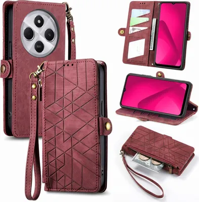 Immagine prodotto di Per Xiaomi Redmi 14C 4G Custodia a portafoglio in Pelle finta con cerniera e passante Custodia protettiva Cover rossa