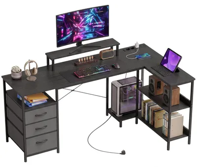 Productafbeelding van L-vormig bureau, omkeerbaar hoekbureau met lades en planken, 170 cm, zwart