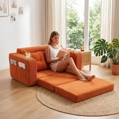 Image de LVHOM Canapé-lit multifonctionnel 1,5 places en velours côtelé, convertible en lit d'appoint, canapé-lit pliant pour chambre d'adolescent, orange