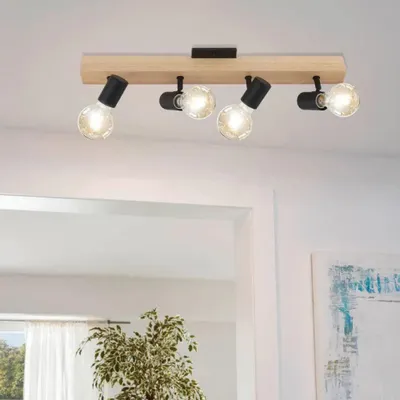 Produktbild von Plafoniera Industrial Townshend 3 4 Luci Legno Marrone E Nero