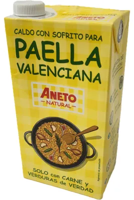 Produktbild von Aneto Caldo para Paella "Brühe für Paella nach Valencianischer Art" (1L Packung) + usy Block