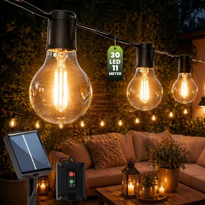 Produktbild von LUMILED Solar Lichterkette für Außen 10,7M 30x A60 LED Lampen Dekorative Glühbirnen IP44 spritzwasserdicht Wetterfest 8 Leuchtmodi Warmweiß 2700K Beleuchtung Garten Terrasse Balkon Party Deko Kugeln Solarleuchte
