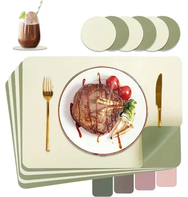 Productafbeelding van Tafelsets, vaatwasmachinebestendig, lederlook, hittebestendig, set van 6, grasgroen + beige, 43x30 cm, inclusief onderzetters