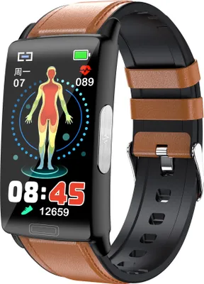 Produktbild von Smartwatch 1,47 Zoll HD Display 43mm SportUhr Funktion: Wecker  Musiksteuerung Erinnerung an Trinkwasser Wetteranzeige, Anruf-Erinnerung (Braun Leder)