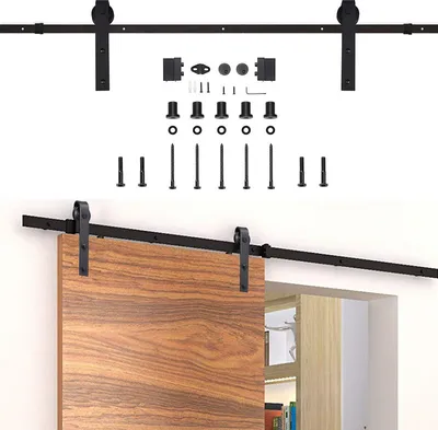 Image de Jiubiaz Système de porte coulissante Ferrure de porte coulissante Kit 150kg Galet de guidage au sol Guidage de porte Kit de montage Rail de roulement Porte en verre/en bois Porte coulissante 152cm