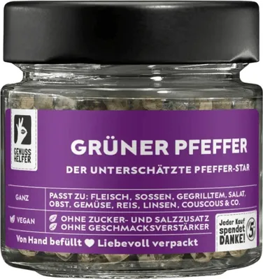 Produktbild von Grüner Pfeffer, ganz, frisches Aroma, ideal zum Kochen von Gerichten mit Kräutern, 45g im Glas