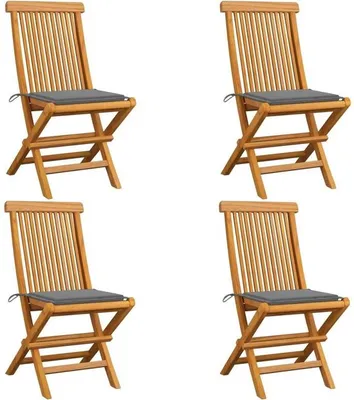 Produktbild von Gartenstühle aus massivem Teakholz mit grauen Kissen, 4er Set