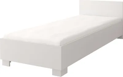 A single white bed with a mattress on a white background.