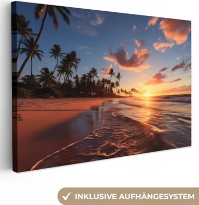 Zdjęcie produktu dla MuchoWow® - Obraz na płótnie - zachód słońca - morze - horyzont - plaża - palmy, fototapeta, dekoracja ścienna, obrazy do salonu, 60x40cm