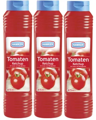 Zdjęcie produktu dla Ketchup pomidorowy Hamker do frytek, steków i grillowanego mięsa 875ml opakowanie 3 szt