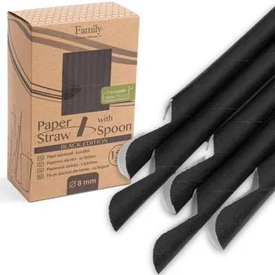 Produktbild von Trinkhalme aus Pappe, schwarz, 8 mm, 20 cm – mit Löffelboden – Strohhalme aus Papier – 150 Stück – Milchshake – 100 % kompostierbar – Papierstrohhalme