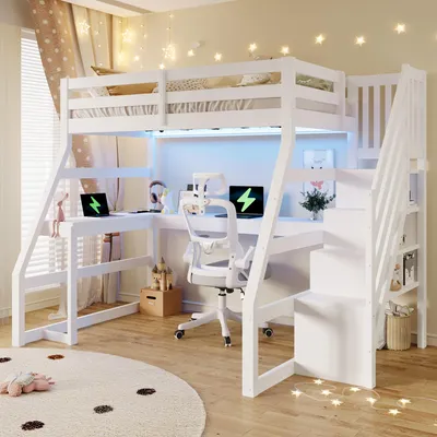 Immagine prodotto di Letto a castello Flieks 90x200 cm con scrivania a L, lettino con cassetto e illuminazione a LED, letto a soppalco singolo con scaletta e vani portaoggetti, bianco