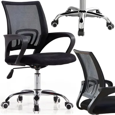 A collage of a black mesh office chair from different angles, including a close-up of the base with wheels and a view of the backrest.