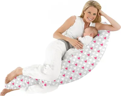 Immagine prodotto di Grande cuscino per la gravidanza a forma di boomerang Croissant-Kokon per chi dorme sul fianco e allatta - Cuori rosa