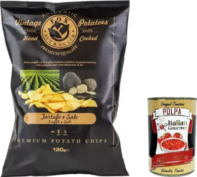 Produktbild von 10x FOX Natural Quality Vintage Potatoes Trüffel und Meersalz, Premium italienische handgefertigte Kartoffel crisps chips 120g + Italian Gourmet polpa 400g