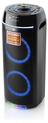 A black portable speaker with blue LED lights.