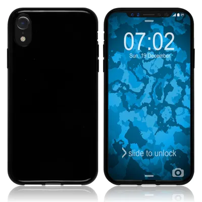 A black phone case is shown next to a smartphone displaying a lock screen.