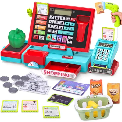 Produktbild von Supermarktkasse mit Scanner und Sound,lernspielzeug mit Zubehör (Rot)