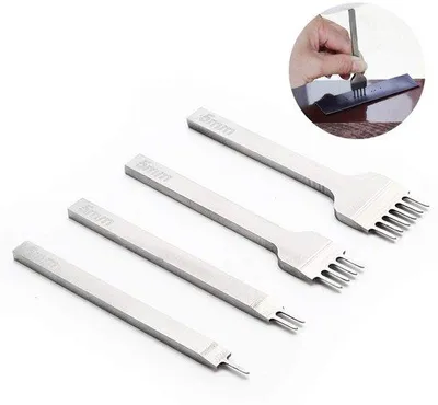 Immagine prodotto di Set di 4 utensili per la lavorazione del cuoio - Punzone da artigiano - 5 mm - 1/2/4/6 denti - Punzone per cuoio - Set di punzoni in acciaio bianco
