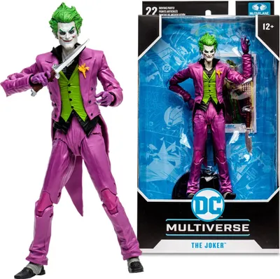 A product shot of a Joker action figure and its packaging.