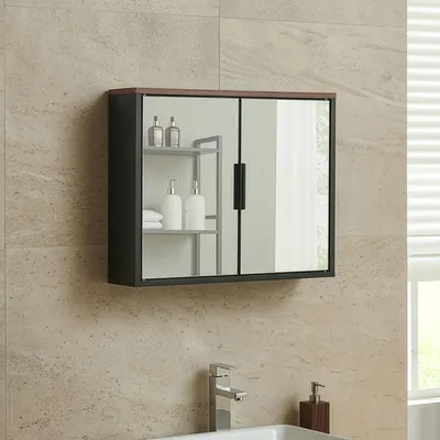 Produktbild von Spiegelschrank 'Trond' mit 2 Türen Wandmontage 50 x 60 x 15 cm Schwarz / Walnussoptik