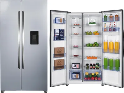 A side-by-side refrigerator with its doors open, displaying its contents.