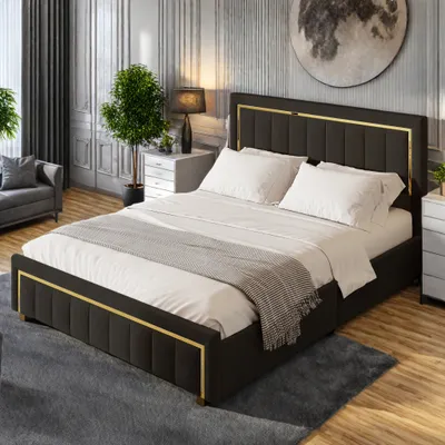 Zdjęcie produktu dla Łóżko tapicerowane UnboxG 160x200cm, łóżko na sprężynach hydraulicznych, łóżko młodzieżowe podwójne ze stelażem z listew i schowkiem, łóżko do przechowywania, aksamit, czarne
