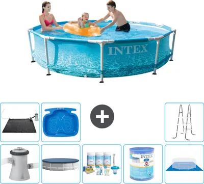 Produktbild von Intex Rundrahmen-Schwimmbecken – 305 x 76 cm – Wasserdruck – inklusive Pumpe Abdeckung - Wartungspaket - Filter - Bodenplane - Solarmatte - Leiter