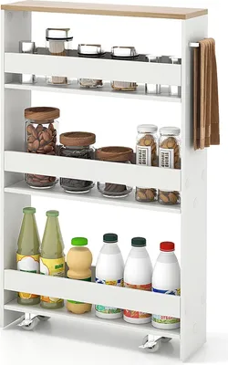 Zdjęcie produktu dla KOMFOTTEU Wózek wnękowy z 4 półkami, wózek kuchenny na kółkach, półka wnękowa z uchwytem, szafka kuchenna i mobilna półka oszczędzająca miejsce w kuchni, łazience, biurze (biały i naturalny - 13 cm)