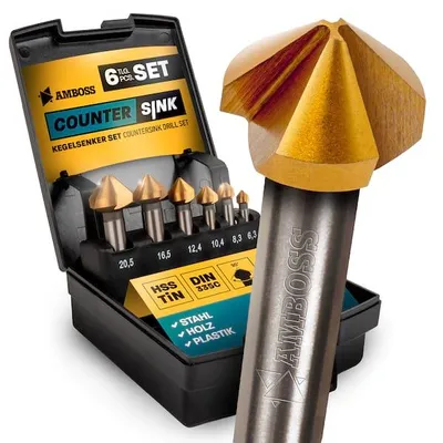 Produktbild von Kegelsenker Set 6teilig 6,3-20,5mm HSS TiN - runder Schaft, gerade Schneiden (3 Stck.) - DIN 335C