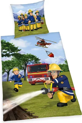 A bedding set featuring characters from the "Fireman Sam" animated series, depicting a fire rescue scene with firefighters, a fire truck, and a helicopter.