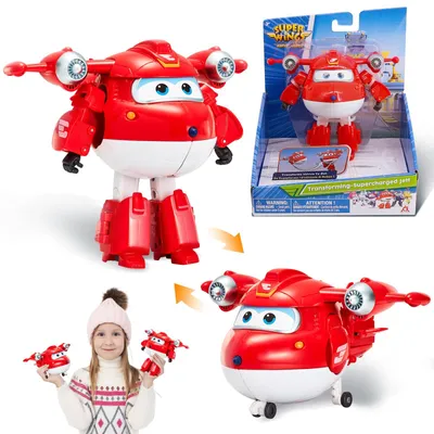 Produktbild von Super Wings Transformierender Supercharged Jett - 13 cm Flugzeug zu Roboter Spielzeugfigur (10 Schritte) Staffel 4 Kollektion für Kinder ab 3 Jahren - Batterien Nicht erforderlich – Rot