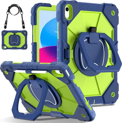 Obrázek produktu pro Pouzdro pro iPad 10th Gen 2022 10,9", odolné přenosné ochranné pouzdro se stojánkem, ručním popruhem a ramenním popruhem Navy zelené