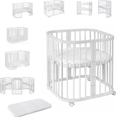 A collage of different configurations and accessories for a white baby crib.