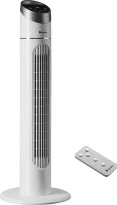 A white tower fan with a silver top and a silver remote control, photographed against a white background.