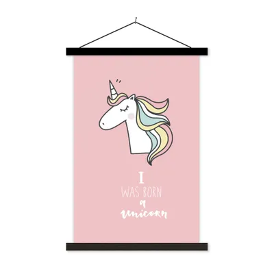 Produktbild von MuchoWow® Textilposter Einhorn - Zitate - Rosa - Ich wurde als Einhorn geboren - Mädchen - Kind 120x180 cm mit schwarzem Rahmen - Fotos