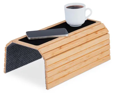 Produktbild von Relaxdays Sofatablett Armlehne, Bambus, Armlehnentisch für Couch und Sofa, BxT: 42 x 34 cm, Sofaablage Getränke, natur