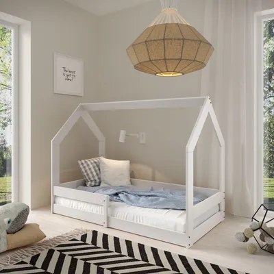 Produktbild von Masseno Kinderbett FLORA 80x160 cm mit Rausfallschutz, Einzelbett für Mädchen und Jungs, Hausbett für Kinder, Holz, Weiß
