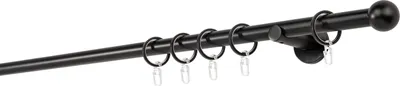 A black curtain rod with rings and finials against a white background.