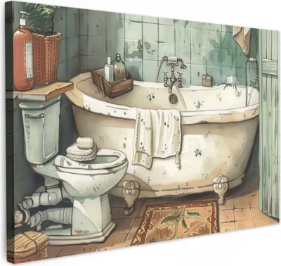 Produktbild von MuchoWow® - Leinwandbilder - Vintage - Badewanne - Badezimmer - Illustration, Wandbild, Wanddeko Bilder Wohnzimmer, 120x80 cm