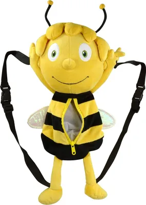 A plush toy bee backpack with its zipper open.