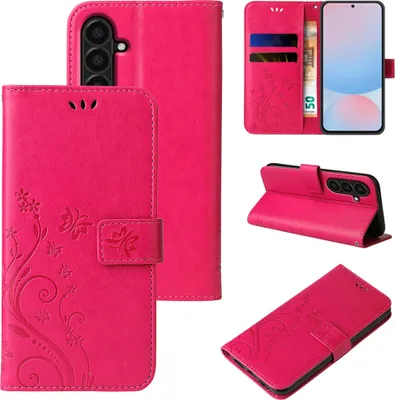 A collage of images showing a pink floral butterfly flip phone case from different angles, including one with a phone inserted and cards/cash in the wallet section.