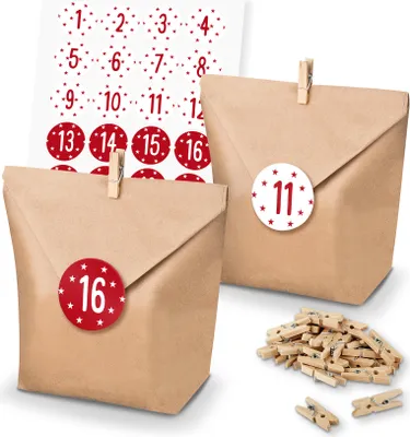 Produktbild von itenga SET Adventskalender 24x Tüten + Klammern + Zahlensticker (Z39)