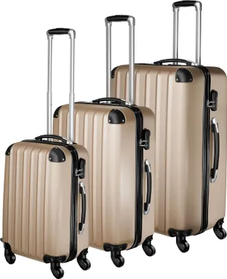 Three suitcases of varying sizes are displayed side-by-side against a white background.