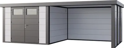 Produktbild von Telluria Metallgerätehaus Classico 3030 mit Lounge Anbau inkl. 2 Fenstern weiß Lounge-Anbau rechts