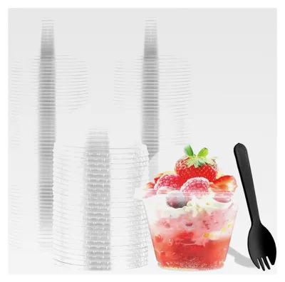Produktbild von 100 Stück Plastik-Dessertbecher mit Deckel, 180 ml, wiederverwendbare Desserttassen, klare Dessertschalen für Pudding, Mousse und Eiscreme