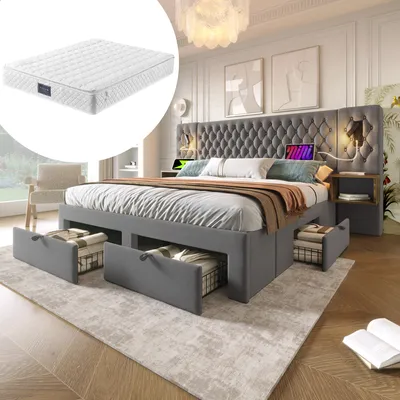 Produktbild von STILVORA Polsterbett 160 x 200 cm Doppelbett mit USB-Ladeanschluss & Leselicht, Stauraumbett mit Nachttischen & Schubladen, Grau (mit Matratze)