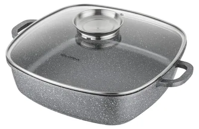 A square aluminum pot with a glass lid and handles, shown from a slightly elevated angle on a white background.