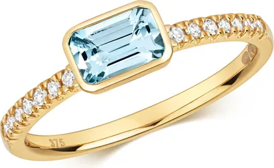 Productafbeelding van Gouden solitair ring voor dames, 375/1000 goud, met een briljant van 0.10 karaat en een aquamarine, maat 58 (18.5); TRS32242RSQ